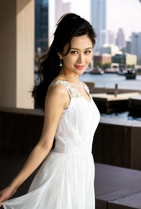 <lora:guanzhilin3:0.9:lbw=1,0,0,0,1,1,0,0,1,1,1,1,1,1,1,1,1>guanzhilin body, guanzhilin face, earrings, perfect hands,good hands,solo, A stunning beauty stands at the edge of Victoria Harbor, captivating all who gaze upon her. The moonlit sky shimmers across the rippling water, casting a silvery glow upon her delicate features. Her long, wavy hair flows freely in the gentle breeze, framing her heart-shaped face and alluring green eyes.Dressed in a glamorous yet understated ensemble, she exudes a natural elegance that is both alluring and enchanting. The soft fabric of her dress flows gracefully with the movement of the harbor, trailing behind her like a silken cape.As she stares out across the vast expanse of water, her expression is one of deep serenity, as if she is lost in the beauty of the moment. Her lips curve into a wistful smile, one that seems to hold the secrets of the night and the promises of tomorrow.The lights of the city dance upon the water, creating a dazzling display that reflects in her eyes like stars in the night sky. She stands there, a vision of ethereal beauty, captured in a moment of pure harmony with the city and the harbor that frames her,
(8k, RAW photo, best quality, masterpiece:1.2), (realistic, photo-realistic:1.55), (ultra-detailed:1.34),
(black hair:1.34),
(white dress:1.9),(white skin,),(pov:1.34)
smile,
(looking at viewer),
supermodel,
(depth of field:1.69),(long exposure:1.2),(dynamic motion:1.13),(Extreme Aestheticism:1.93),offical art,first person view,blurry background,(professional photograph:1.5),
(8k, RAW photo, best quality, masterpiece:1.2), (realistic, photo-realistic:1.55), (ultra-detailed:1.34), (highres:1.6),
(pov:1.35)
