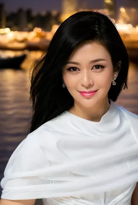 <lora:guanzhilin3:0.9:lbw=1,0,0,0,1,1,0,0,1,1,1,1,1,1,1,1,1>guanzhilin body, guanzhilin face, earrings, perfect hands,good hands,solo, A stunning beauty stands at the edge of Victoria Harbor, captivating all who gaze upon her. The moonlit sky shimmers across the rippling water, casting a silvery glow upon her delicate features. Her long, wavy hair flows freely in the gentle breeze, framing her heart-shaped face and alluring green eyes.Dressed in a glamorous yet understated ensemble, she exudes a natural elegance that is both alluring and enchanting. The soft fabric of her dress flows gracefully with the movement of the harbor, trailing behind her like a silken cape.As she stares out across the vast expanse of water, her expression is one of deep serenity, as if she is lost in the beauty of the moment. Her lips curve into a wistful smile, one that seems to hold the secrets of the night and the promises of tomorrow.The lights of the city dance upon the water, creating a dazzling display that reflects in her eyes like stars in the night sky. She stands there, a vision of ethereal beauty, captured in a moment of pure harmony with the city and the harbor that frames her,
(8k, RAW photo, best quality, masterpiece:1.2), (realistic, photo-realistic:1.55), (ultra-detailed:1.34),
(black hair:1.34),
(white dress:1.9),(white skin,),(pov:1.34)
smile,
(looking at viewer),
supermodel,
(depth of field:1.69),(long exposure:1.2),(dynamic motion:1.13),(Extreme Aestheticism:1.93),offical art,first person view,blurry background,(professional photograph:1.5),
(8k, RAW photo, best quality, masterpiece:1.2), (realistic, photo-realistic:1.55), (ultra-detailed:1.34), (highres:1.6),
(pov:1.35)