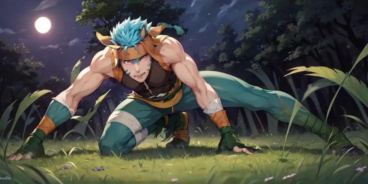 <lora:fireemblem_ranulf-10:.8>, ranulf, facial mark, heterochromia, purple eyes, green eyes, headband, sleeveless, gloves, bandages, glowing eyes, prowling, forest, night, bush grass, solo, hiding