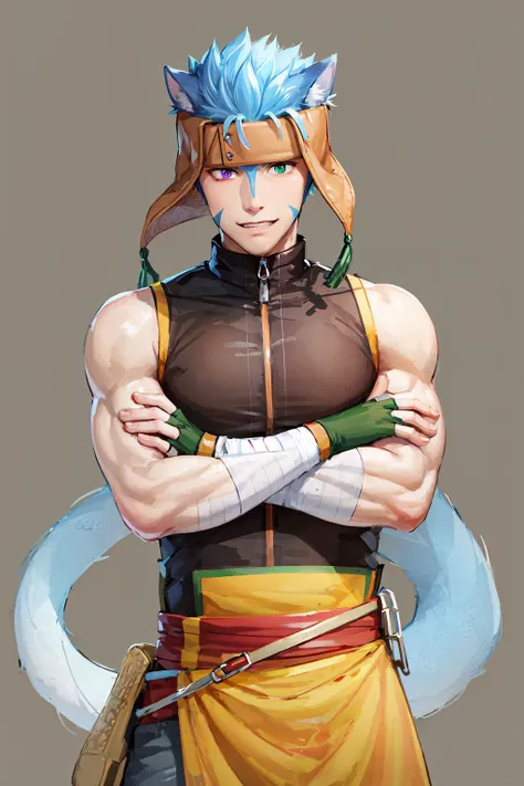 (masterpiece, best quality:1.2), <lora:fireemblem_ranulf-10:1>, cowboy shot, solo, male focus, 1boy, ranulf, facial mark, smile, looking at viewer, crossed arms, headband, heterochromia, purple eyes, green eyes, sleeveless, (gloves:1.1), bandages