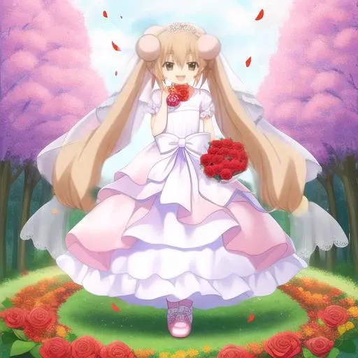 <lora:KodomoNoJikan_kokonoe rin:.7> 1girl, kokonoe rin, extremely long blonde hair in twintails, thick hair, large pink hair baubles, brown eyes, happy, wearing a detailed wedding dress with a veil, holding a bouquet of roses, flower petals scattered on the ground, flower petals falling from the sky, sparkles, beautiful nature background anime style, full body shot, short girl, elementary school girl