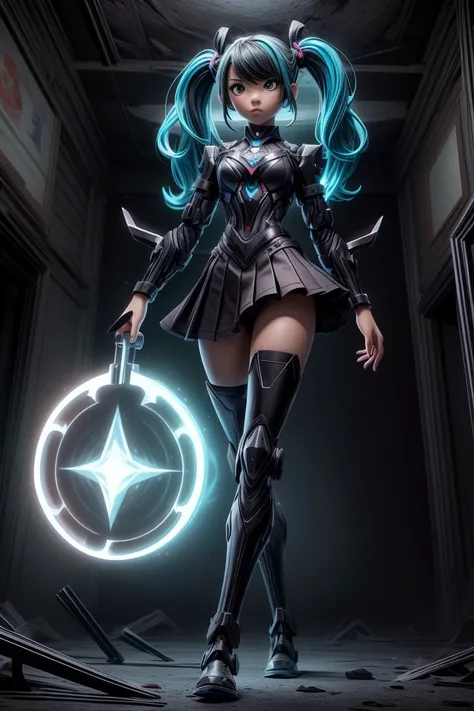 ((masterpiece, best quality)), 1girl, teen, petite, narrow eyes, mech style school uniform, black hair, pigtails, from below, walking,  creative style, ((stepping through a portal, in a classroom)) dark theme, dark energy, ethereal, floating debris, blue highlights, vibrant manga, uhd image, vibrant illustrations, AbyssalTech, <lora:more_details:0.9>,  <lora:ClothingAdjuster3:0.5>, <lora:AbyssalTech:1.1>