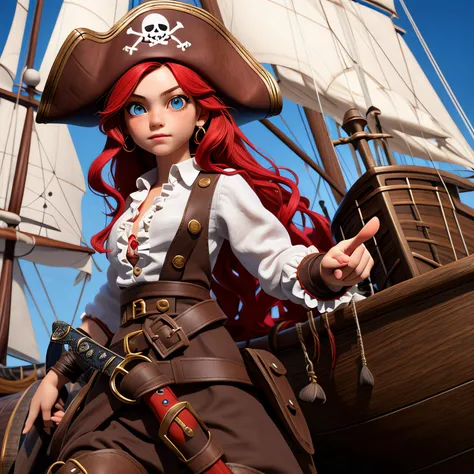 beautiful realistic face, realistic beautiful skin, ultra high res, ultra realistic, highly detailed eyes, wide shot, a pretty 13 year old girl, red hair, little head, Baby fat, felt pirate hat, frilly linen shirt, breeches, holding sword, pointing sword towards camera, boots, wooden tallship, fierce,