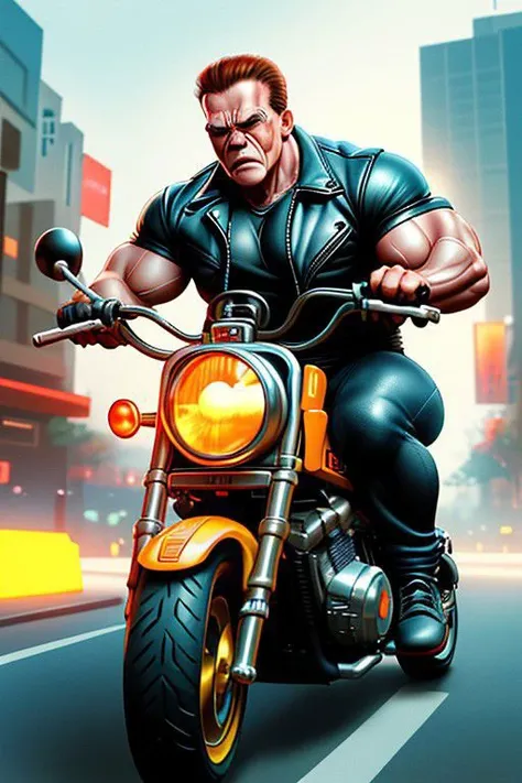 Arnold Schwarzenegger on a bike, bull body, Terminator movie scenery, soft lighting, soft shadows