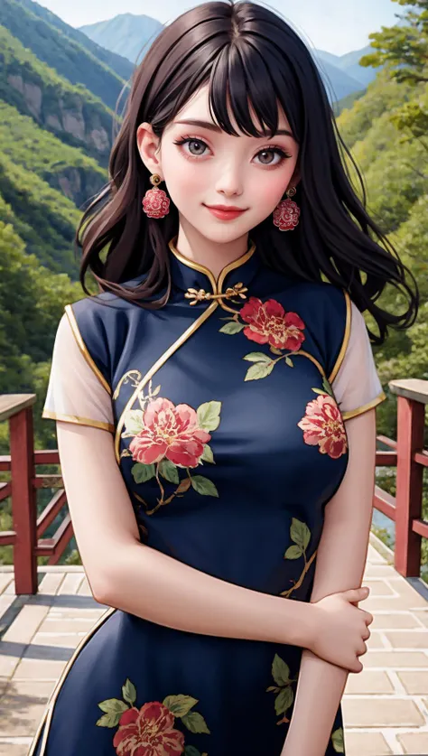 1girl, bangs, black hair, china dress, chinese clothes, dress, earrings, floral print, jewelry, lips, looking at viewer, print dress, solo, upper body, outdoors, seductive smile, great wall of china,
masterpiece, best quality,