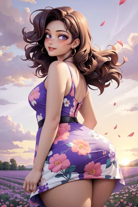 A woman in a vintage-inspired floral dress, her hair styled in loose waves, with a confident and radiant expression, open field, flower field, bloom, sunset, (((curvy))), ((mature female)), curly hair,floating hair, wind, falling petals, purple sky, bird,from behind, light smile,
masterpiece, best quality, intricate detail, <lora:cervina:1> cervina