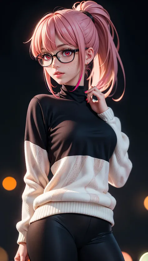 woman,wearing glasses,lights bokeh background,multi-color hair ponytail,swept bangs,white sweater,red undershirt,black yoga pants,elegant,beautiful,freckles,realistic,heterochromia,beautiful red eyes,up close,dark shadows,night background,neon hearts lights dark,chiaroscuro,low-key,