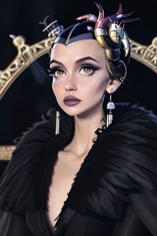 close-up,
[sunafukitabito:sam yang:0.4],
masterpiece, best quality,
edea, hair ornament, earrings, cape, black dress, feather trim, plunging neckline, long sleeves, elbow gloves, makeup, lipstick, 
indoors, upper body, looking at viewer, indoors, dark room, black background, arms at sides, close-up