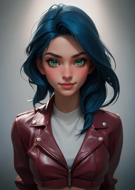 masterpiece, best quality, 1girl, cool, serious, medium breasts, long hair, blue hair, red leather jacket, crop top, tight jeans, green eyes, abs, (masterpiece, best quality:1.4), (modern days), 1girl, solo, pov, sfw, stunning girlfriend, heart shaped face, elegant face, beautiful face, highly detailed face, highly detailed skin, skin pores, subsurface scattering, medium breast, loving smile, looking at viewer, full face blush, full lips, detailed background, depth of field, atmospheric perspective, volumetric lighting, sharp focus, absurdres, realistic proportions, good anatomy, (realistic, hyperrealistic:1.4), 16k hdr