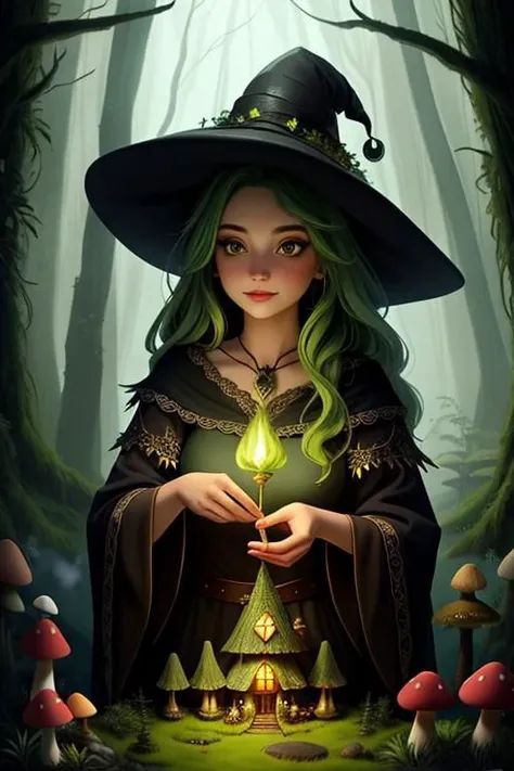 beautiful witch in a mythical forest overlooking her cauldron, fantasy art, mushroom house, green glowing cauldron