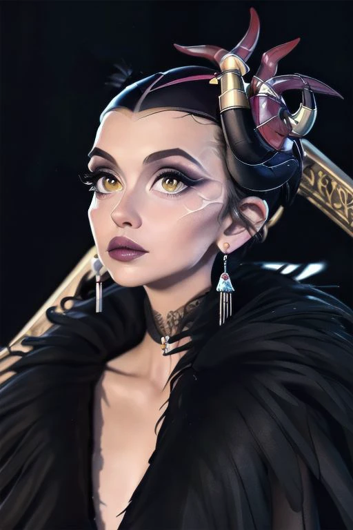 close-up,
[sunafukitabito:sam yang:0.4],
masterpiece, best quality,
edea, hair ornament, earrings, cape, black dress, feather trim, plunging neckline, long sleeves, elbow gloves, makeup, lipstick, 
indoors, upper body, looking at viewer, indoors, dark room, black background, arms at sides, close-up