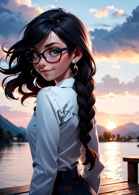 AnjelikaV2, 1girl, blush, closed mouth, earrings, freckles, gradient, jewelry, long hair, long sleeves, looking at viewer, solo, twin braids, upper body, black-framed eyewear, seductive smile, wind, floating hair, wavy hair, light smile, from behind, back,
masterpiece, best quality, intricate details,sunset,
a wooden dock leading to a lake with a mountain in the background at sunset or dawn with clouds in the sky, lake, a picture, neo-romanticism
<lora:backlight_slider_v10:-1> <lora:contrast_slider_v10:3>