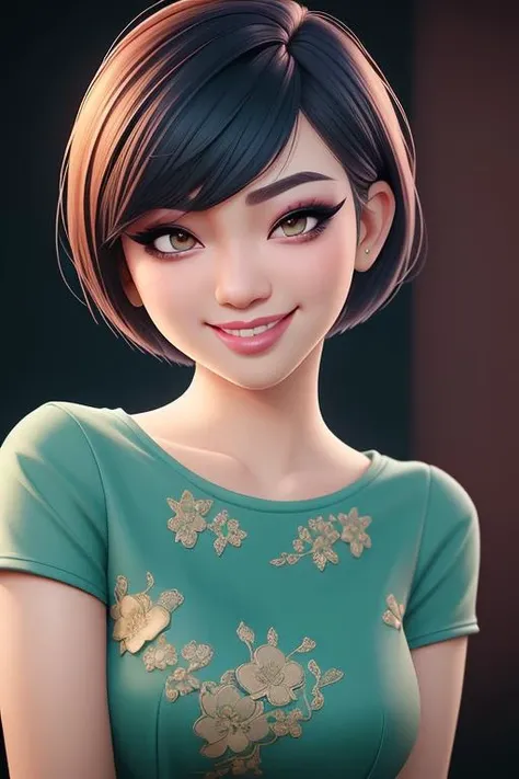 instagram photo, upper body, portrait shot, asian egirl makeup vibrant background, short hair, charming smirking ultra realistic highly detailed intricate photorealistic analog style photograph sharp focus, cinematic lighting, smiling