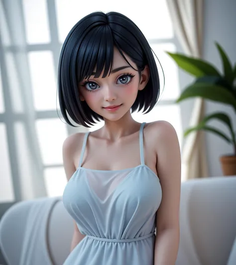 masterpiece, best quality, a woman, short hair, inverted bob, straight hair, with a blue and white dress and a plant in the background with a white curtain behind her, a photocopy, seductive smile, <lora:LCM_LoRA_Weights_SD15:0.7>