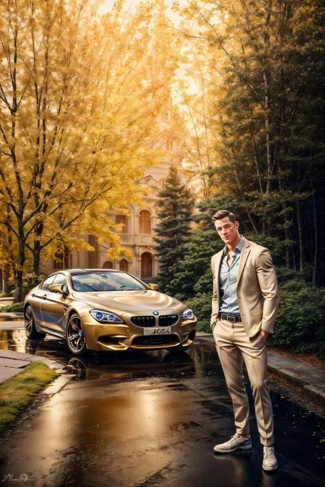 Arafed man in a suit standing in front of a bmw car - SeaArt AI