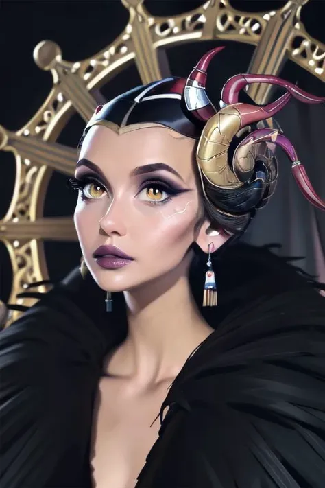 close-up,
[sunafukitabito:sam yang:0.4],
masterpiece, best quality,
edea, hair ornament, earrings, cape, black dress, feather trim, plunging neckline, long sleeves, elbow gloves, makeup, lipstick, 
indoors, upper body, looking at viewer, indoors, dark room, black background, arms at sides, close-up