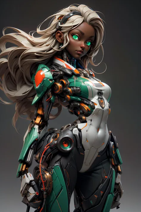 (masterpiece), (hyperealism, 8k, CG, HDR, Octane Render), digital art, RAW picture, depth of field, 1 solo girl years old, (((dark skinned))), portrait, marvel dynamic pose, (long blonde hair), ultra detailed hairs, (extremely sharp eyes, big realistic eyes, glowing green eyes, detailed eyes:1.2), cute face, high details skin, sharp nose, detailed mouth, sci-fi, (carbon fiber arms, cybernetic half body, cyber assembled waist, intricate mech gears, segmented body parts, mecha breast, mecha girl:1.2), (vessels tubes connected , mechanical vertebras, mechanical cervial neck attached, wires and cables head connected:1.2), (thigh hips:1.2), small flat waist, long slim legs, (small brest), (shredded body:0.3), science fiction dystopic scenario, gypician detail, highly intricate details, rim lights, studio quality, artstation, pixiv, deviantart, cgsociety, <lora:add_detail:0.7>, <lora:GoodHands-vanilla:1>, <lora:Niji:0.8>, <lora:more_details:0.2> <lora:phoenixdressV.2:0.6>