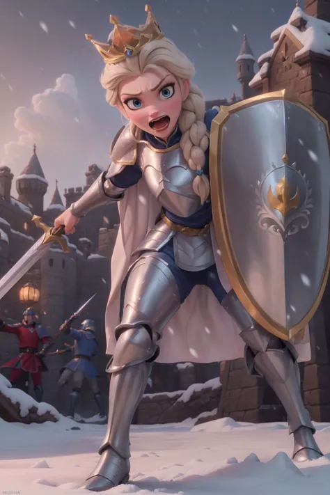 A painting depicting a knight's battle, (winter atmoshpere, dark fantasy, snowing weather, blizard), outdoors, Arendelle castle background, (the most epic 3d cinematic render), dark cinematic light,neutral colors, (muted colors:1.3), <lora:jElsa1307:0.55>, jElsa1307, elsa, elsa from frozen, frozen, elsa (frozen), disney character, disney animation, 1girl, makeup,full body, ((blonde single braid hair)), (wears full knight plate armor and crown, (gold crown on head), (cape, blue cape)), angry, shouting, holding sword and shield with golden details, fog, ((medival war chaos, knights army in background:1.3)), open mouth, teeth,