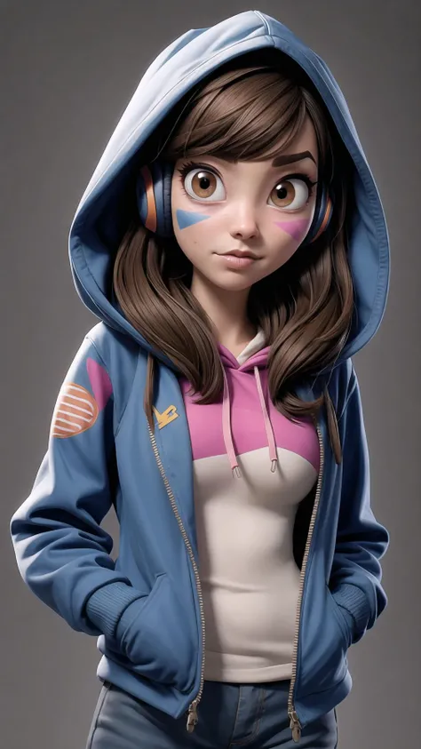1girl, animal_print, bangs, bodysuit, breasts, brown_eyes, brown_hair, bunny_print, casual, chewing_gum, cowboy_shot, d.va_\(overwatch\), drawstring, eyebrows_visible_through_hair, facepaint, facial_mark, hands_in_pockets, headphones, hood, hood_up, hooded_jacket, hoodie, jacket, long_hair, long_sleeves, looking_at_viewer, medium_breasts, solo, swept_bangs, upper_body, whisker_markings, (disney pixar style), <lora:more_details:0.6>