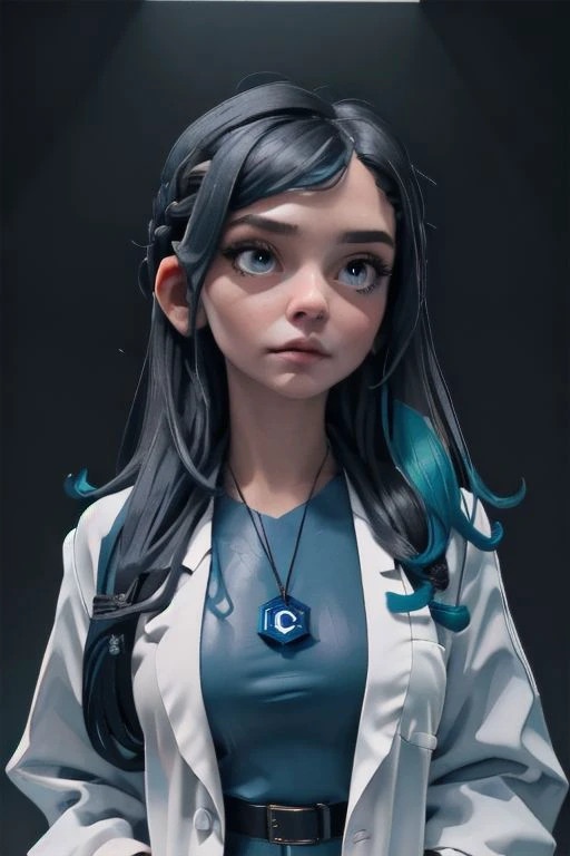 close-up,
[sunafukitabito:sam yang:0.4],
masterpiece, best quality,
civitai-chan, blue braided bangs, labcoat, shirt tucked in, single vertical stripe, black skirt, pencil skirt, pantyhose, necklace, belt
indoors, cowboy shot, looking at viewer, indoors, dark room, black background, arms at sides, close-up