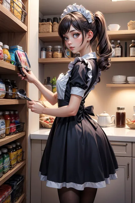 <lora:more_details:0.6>, <lora:ClothMaid1:0.7> , girl in traditional maid outfit dusting a shelf in pantry while sticking her ass out so the viewer can see her body contours