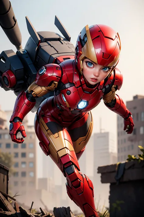 RAW, Masterpiece, Ultra Fine Photo, Best Quality, Ultra High Resolution, Photorealistic, Sunlight, Full Body Portrait, Stunningly Beautiful, Dynamic Poses, Delicate Face, Vibrant Eyes, (Side View) , she is wearing a futuristic Iron Man mech, red and gold color scheme, highly detailed abandoned warehouse background, detailed face, detailed and complex busy background, messy, gorgeous, milky white, high detailed skin, realistic skin details, visible pores , sharp focus, volumetric fog, 8k uhd, high quality, film grain, fair skin, photorealism, lomography, sprawling metropolis in futuristic dystopia, view from below, translucent