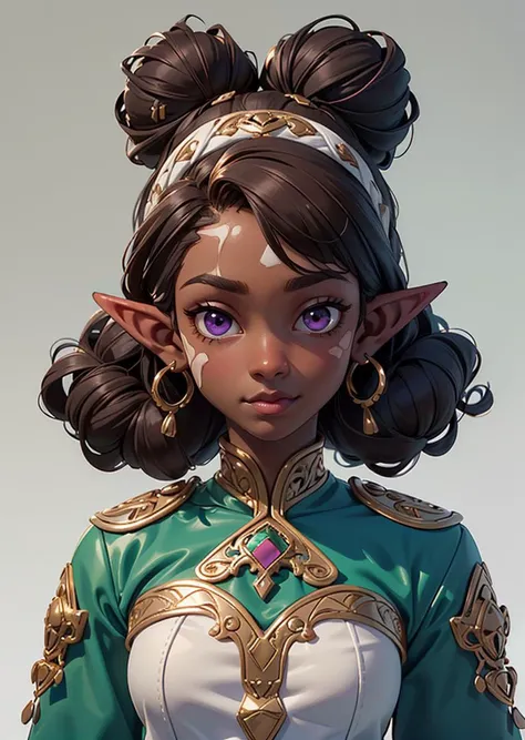 1girl,(((many white skinned patches on face))),(((dark skinned African woman))),(Vitiligo),(((pale patches around mouth))),masterpiece, (purple eyes), best quality, ultra high res,dark theme, ((Dark Brown hair)) ((short afro with a bun)), dark skinned, green tunic, ((elf ears)), (ornate head band),