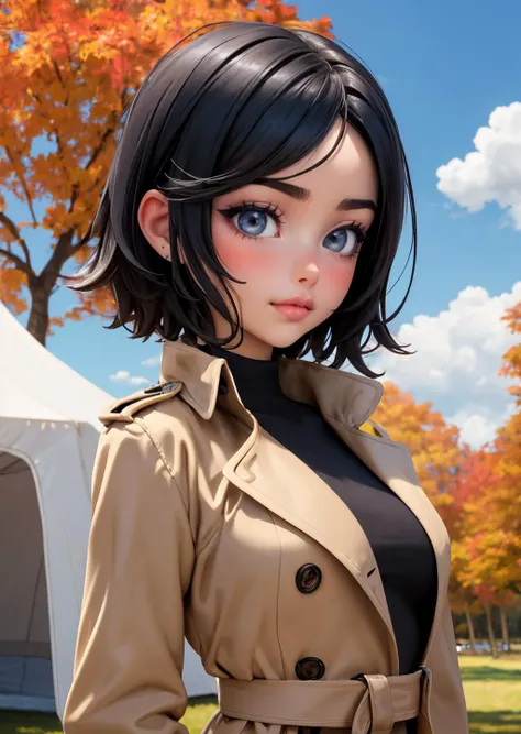 a girl with short hair, mad1sonbeer in a trench coat standing in front of trees and a sky background with clouds in the background, official art, concept art, autumn, remodernism, (upper body:1.70), tent, festival,
masterpiece, best quality, highres, hd, 4k,