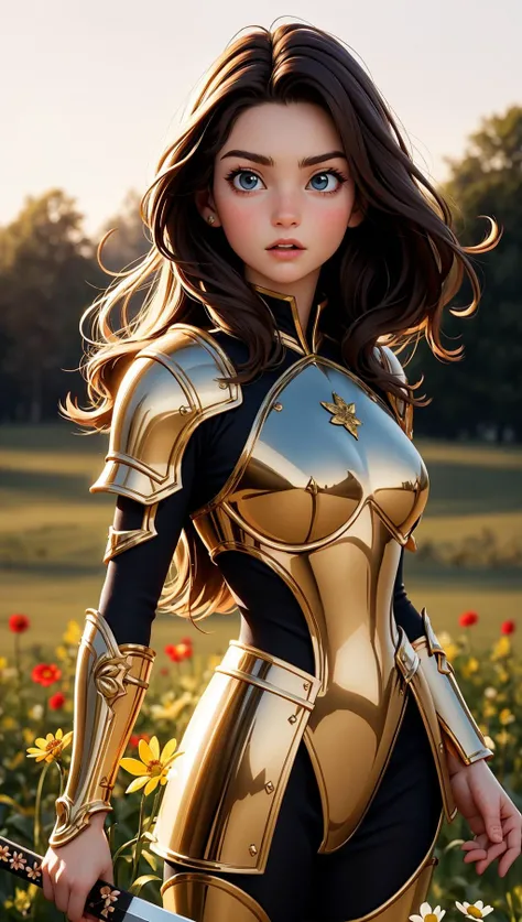 (4k),(masterpiece),(best quality),(extremely intricate),(realistic),(sharp focus),(cinematic lighting),(extremely detailed),A young girl in full plate armor,standing in a meadow of wildflowers. She is holding a sword. She has long brown hair adorned with wildflowers. Her expression is determined,and her eyes are shining with courage. The sun is shining brightly behind her,casting a golden glow over the scene.,flower4rmor,flower bodysuit,Flower,