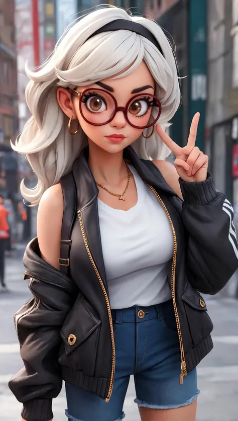 a woman in trendy streetwear, showcasing urban fashion and edgy accessories, street, peace sign, oversized clothes, messy hair, round eyewear,
masterpiece, best quality, intricate detail, 3d, 3d background, DEN_barbucci_styleMK2