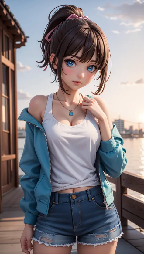 3d,3d background,1girl,bare shoulders,blue eyes,breasts,brown hair,hair ribbon,looking at viewer,necklace,ponytail,ribbon,shirt,multicolored jacket,skirt,shorts,pose,closed mouth,
masterpiece,best quality,scenery,sunset,rose petals,