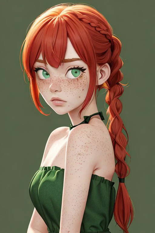 Ashlyn_SBG, red hair, green eyes, freckles, pigtails, braid, bangs, green strapless dress