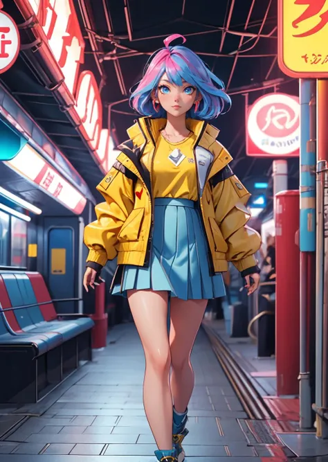 masterpiece, best quality, high resolution, 8K , HDR, cinematic lighting, (hyperdetailed:1.15), 1girl,pink-blue hair, beautiful eyes, blue eyes, walking in a mech train station platform,outdoor,  looking to the camera, wearing yellow jacket, white shirt, blue skirt, full shot, (cyberpunk theme), red bullet train, blue sky, neon sign, red post box, neon light, mount fuji background, bokeh, film grain,  <lora:cyber_style_girl_v1:0.5>