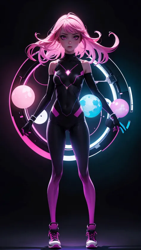 pink hair, (short bangs hair:1.36), wide hips, slim hourglass figure, narrow waist, depth of field, 1girl, (neon starry girl next door:1.3), (on a   background:1.3), (full body:1.4), pose, [:intricate, formal costume design:0.2], muscular, zettai ryouikia, big breasts, wide hips, athletic thicc perfect hourglass figure,skindentation, ((thigh cutout:1.3):1.2), (((dark skin:0.6)))