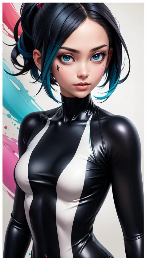 A color poster of a mixture of graffiti and paint on a wall,portrait of a woman,upperbody,minimalist,with dynamic movement and bold colors,mixture,