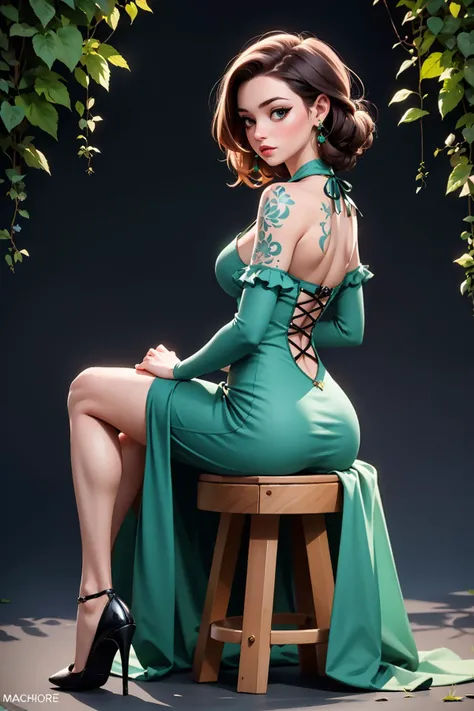 masterpiece,best quality,1girl,public tattoo,crossed legs,sitting,bodypain,suit,costume,high heels,vines,green dress,ass,backIndonesian,