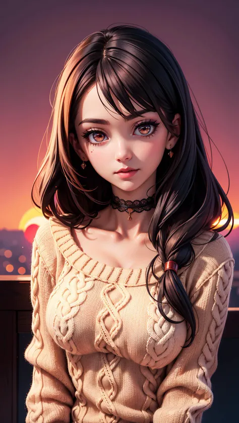 1 young cute iranian girl,very slim,skinny,redhead,rouge,red neck lace choker,cateyes makeup,colorful,oversize knit jumper,softcore,warm lighting,cosy atmosphere,Instagram style,red theme,upper body shot,(cinematic, black and red:0.85),(sunset beautiful background:1.3),sharp,dim colors,
