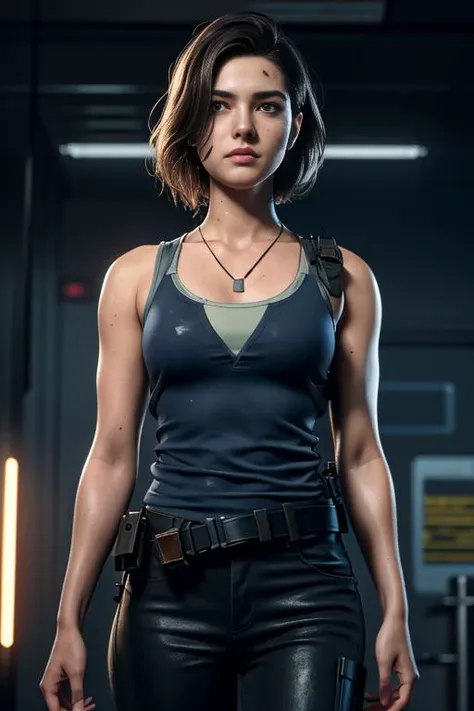 <lora:Jill_Valentine_RE3R_v1:0.6>, (walking), (((scifi lab))), intricate, masterpiece, best quality, highly detailed, from_side, jill_valentine, brown_hair, thigh_strap, <lora:3DMM_V12:0.5> , (action scene), (breasts_apart:1.2), (from_below:1.7), longsleeve blue shirt, belt, pants, police, cleavage, (downblouse), necklace, (scared:1.5), (((sweat))), (monitors with medical data), biohazard, biological research lab, (((blood splatter))), documents, lab instruments, wires, wet_hair, thigh_holster, dreamlikeart, freckles, nostalgia, sexy, Atey Ghailan, Studio Ghibli, by Jeremy Mann, Greg Manchess, Antonio Moro, trending on ArtStation, trending on CGSociety, Intricate, High Detail, Sharp focus, dramatic, photorealistic painting art by midjourney and greg rutkowski, asymmetrical_hair, fog, sweat, exhaustion, small breasts, tomb raider, absurdres, wet_hair, enormous hair, messy hair, hair_over_one_eye , 1girl, small fine sweat, wet, wide hips, messy_hair, thick_eyebrows, brown eyebrows, thick_lips, long_hair, head_tilt, depth of field, dynamic pose, dramatic angle, unreal engine, 8k, highly detailed, unreal engine, photo, photorealistic, hyperrealistic, cinematic lighting, cinematic composition, beautiful lighting, sharp, details, hdr, 4k,
