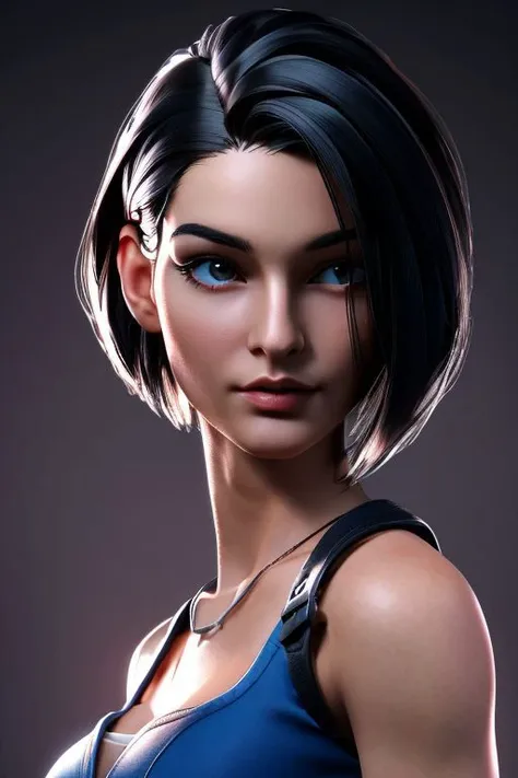 (masterpiece:1.3), (best quality:1.2), intricate details, (highly detailed skin:1.2), Jill Valentine-v2, (1girl:1.2), realistic, highres, beauty photo, tear drop boobs, from above, sexy mood, short hair , (black haircolor:1.3), Hourglass-Petite body shape, fill lighting, fcDetailPortrait, (tilted head:1.4), (sexy pose:1.3), <lora:Jill_Valentine_RE3R_v1:0.8>, looking at viewer, plane background, neon,