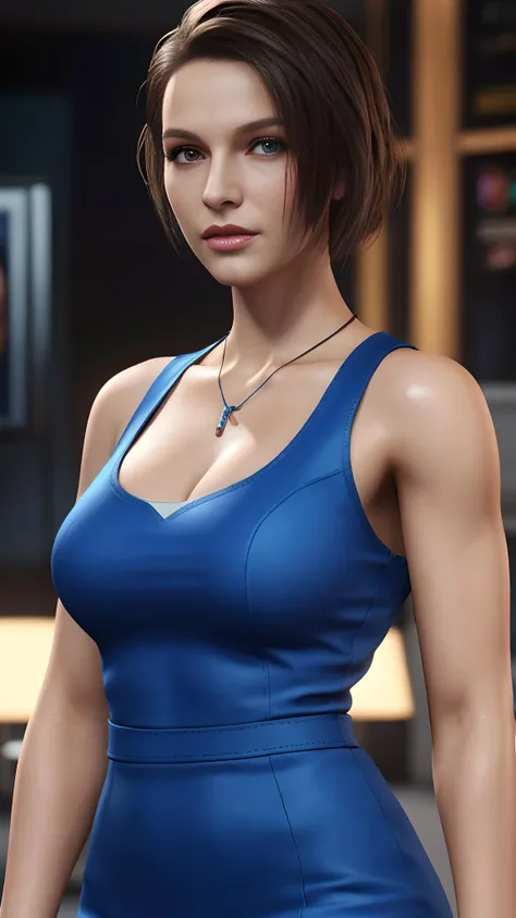 Jill Valentine, portrait, the most beautiful girl in the world, solo, slim, fair skin, blue dress, 
realistic, unreal engine rendered, extremely detailed CG unity 8k wallpaper, (Masterpiece:1,2), best quality, masterpiece, original, (extremely detailed wallpaper:1.331), perfect lighting, (extremely detailed CG:1.2), drawing, paintbrush,
<lora: Jill_Valentine_RE3R_v1:2>