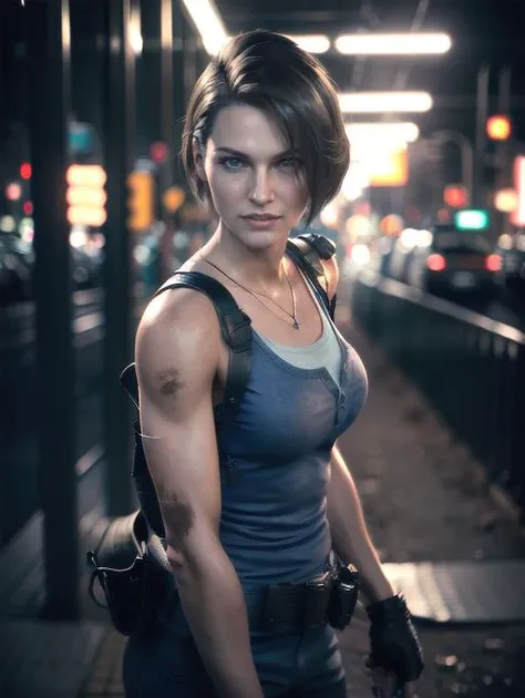 Jill Valentine, portrait, smiling, at city at night, bruises, dirt, (8k, RAW photo, best quality, masterpiece:1.2),ultra-detailed, (high detailed skin:1.2), 8k uhd, dslr, soft lighting, high quality, <lora:Jill_Valentine_RE3R_v1:0.8>