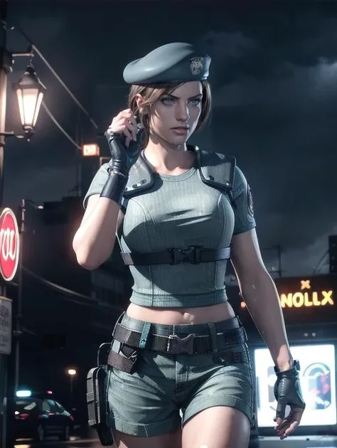 Jill valentine, walking through city streets, an night, moonlight, neon signs, raining, storm, raindrops, award winning,(8k, RAW photo, best quality, masterpiece:1.2),ultra-detailed, (high detailed skin:1.2), 8k uhd, dslr, soft lighting, high quality, <lora:Jill_Valentine_RE1R_v1:0.75>