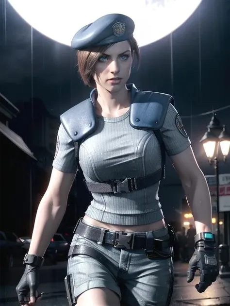 Jill valentine, walking through city streets, an night, moonlight, neon signs, raining, storm, raindrops, award winning,(8k, RAW photo, best quality, masterpiece:1.2),ultra-detailed, (high detailed skin:1.2), 8k uhd, dslr, soft lighting, high quality, <lora:Jill_Valentine_RE1R_v1:0.75>