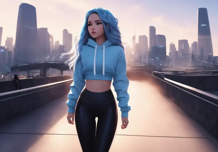 Samdoesarts style. Cinematic portrait, wide action shot. stunning, gorgeous teen, wavy blue hair, detailed alluring blue eyes. Thigh gap, long sexy legs. Leggings, tiny crop top hoodie. beautiful futuristic urban sunrise, bloom, crepuscular rays, photorealistic lighting