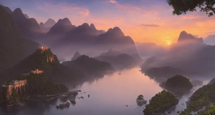cinematic masterpiece, epic landscape, low level shot, dense jungle, outpost ruins, canoes on shore, rocky creek, distant mountains. sunset, misty sunbeams. 8k, highly detailed, hasselblad, 18mm, by ansel adams