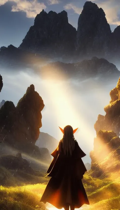 God rays, sharp focus, elven, elven architecture, elven city, royal city, stunning landscape, scenery, landscape, raining, dark fantasy, suspense, grim, dark, CG, visual novel background