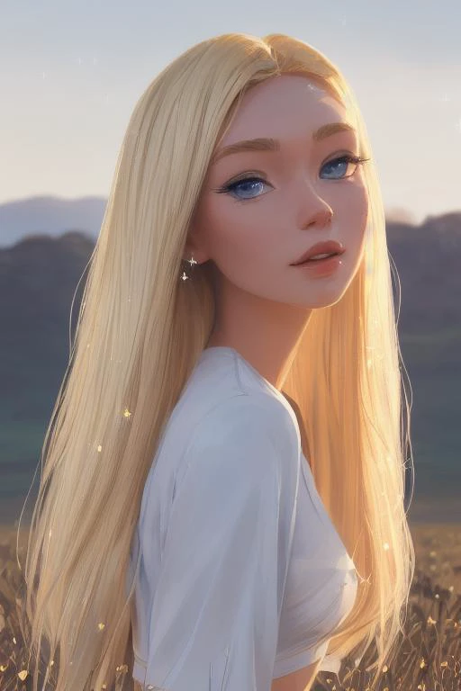 samdoesarts style far shot glamour portrait of a gorgeous slender busty petite womanly blonde teen in a (bright) windy field, face lighting, realistic, masterpiece, highest quality, ((crystalline lingerie)), ((gentle, loving gaze)), (alluring blue eyes:1.2), bloom, (light sparkles:1.4), by Jeremy Lipking, digital painting, realistic shadows, highly detailed