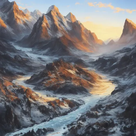 samdoesarts style. physical palette knife painting, thick Oil paint, stunning landscape, vast scale, soft colors, muted contrast, extremely detailed and intricate. Mountainous arctic valley river. Light fog, gently snowing, sunrise. God rays, sharp focus