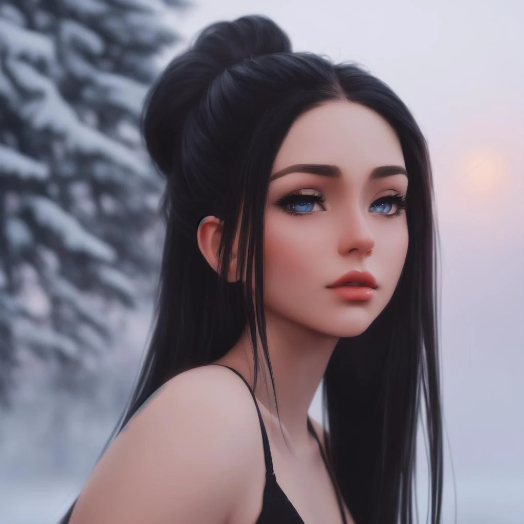 Samdoesarts style. Cinematic portrait, stunning, gorgeous teen, black hair. Detailed alluring blue eyes, high ponytail, slender, round butt, thigh gap, (bored, disinterested, hair in face:1.3), winter, beautiful sunrise, foggy, bloom, crepuscular rays, realistic lighting, breath cloud