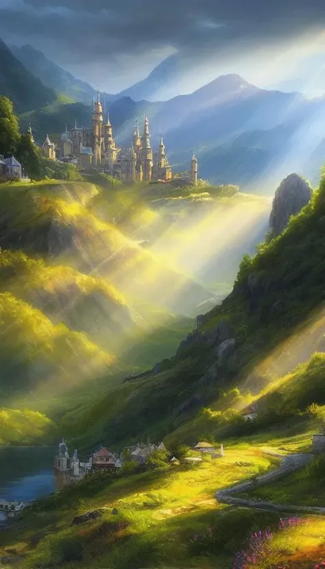 God rays, sharp focus, elven, elven architecture, elven city, royal city, thick Oil paint, stunning landscape, scenery, landscape